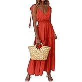 PRETTYGARDEN Women's Cross Neck Spring Sleeveless Tiered Maxi Dress Beach Tie Strap Smocked Long Dresses Pleated Sundress