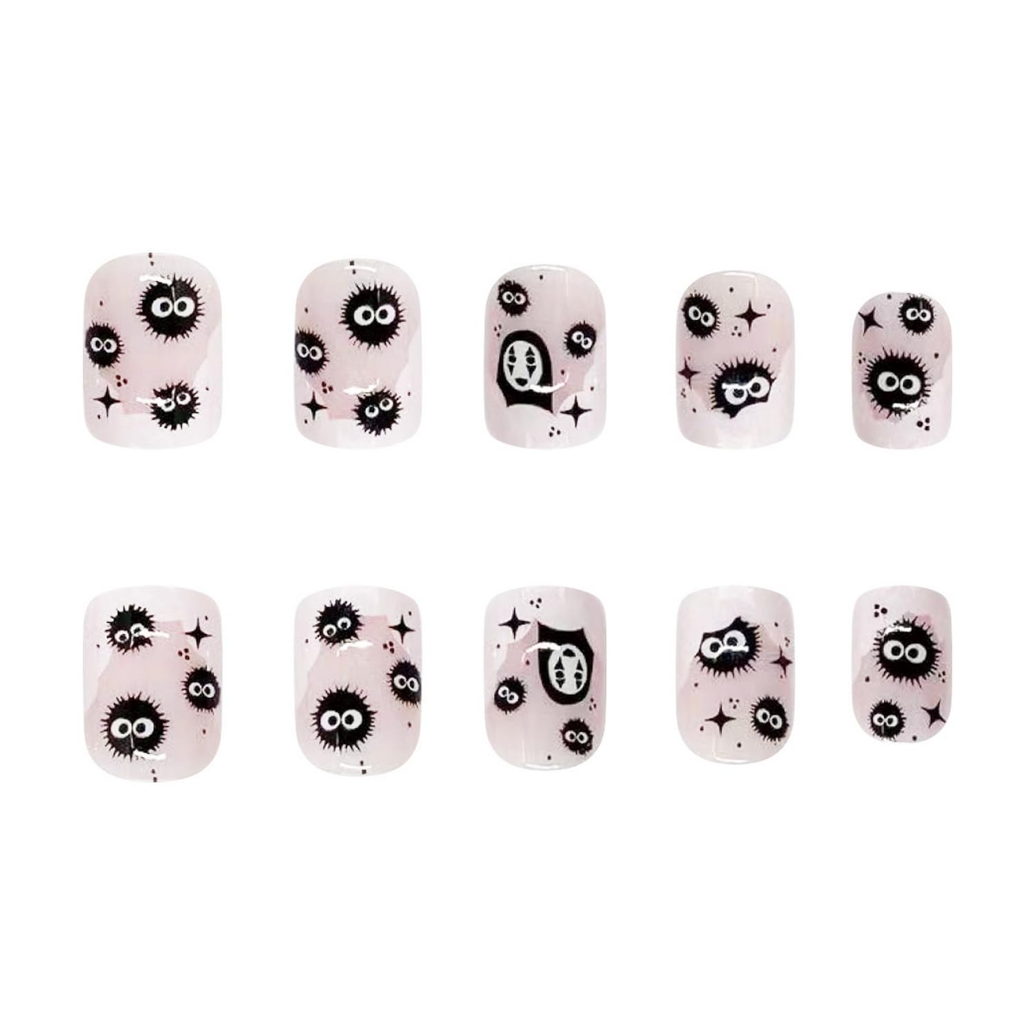Halloween Short Square Press on Nails Cute Black Coal Ball Design False Nails French Fake Nails Glossy Little Ghost Acrylic Nails Full Cover Stick on Nails for Women Halloween Manicure Decorations - Image 4