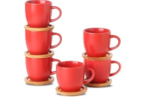 Hasense Espresso Cups and Saucers Set of 6, 4 OZ Demitasse Cups with Handle for Coffee Drinks, Latte, Cappuccino, Cafe Mocha and Tea, Porcelain Coffee Cups for Coffee Bar Home and Party, Red