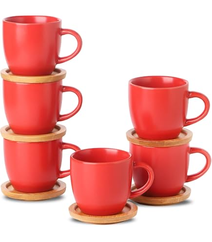 Juego De Tazas De Café De Bambú Karaca - 6 Tazas De 90 Ml Con Platillos Y Bandeja | Para Café Turco O Expreso