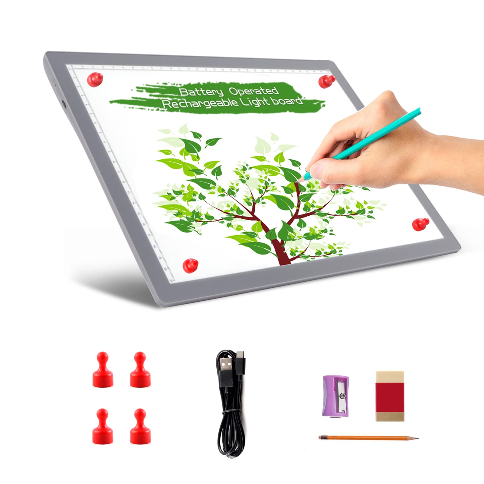 TOHETO Portable A4 Tracing LED Copy Board, Cordless Battery Powered 5 Levels Brightness Light Box Rechargeable Light Board for Tracing Weeding Vinyl X-ray Viewing Sketching Diamond Painting (Grey)