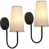 Pathson Set of 2 Linen Fabric Wall Sconces, Hardwired Curved Arm Bathroom Vanity Light with Cone Cloth Shade, Black Indoor Wa