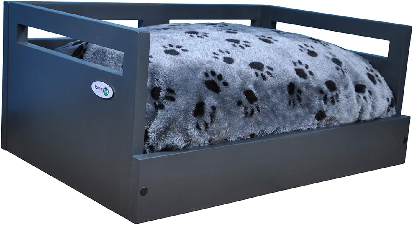 Iconic Pet Sassy Paws Wooden Pet Bed with Paw Printed Comfy Cushion for Dogs & Cats in Varying Sizes & Colors, Small-Charcoal Gray