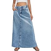 Fisoew Women's Vintage Denim Maxi Skirt Casual High Waist A-Line Frayed Hem Long Jean Skirt with Pockets