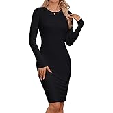 Qaffier Bodycon Dresses for Women Long Sleeve Dress Casual Crew Neck Slim Fitted Fleece Midi Dresses
