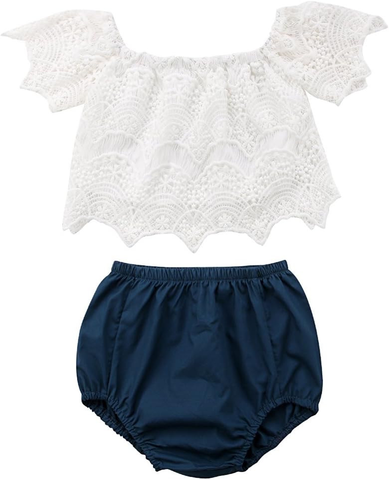 Newborn Baby Girls White Cut Out Off Shoulder Top and Blue Short Bottom Oufit