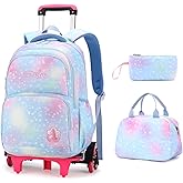 3Pcs Rolling Backpack for Girls Dream Princess Wind Bookbag with Wheels Travel Bag Trolley School Bag with Lunch Box Blue
