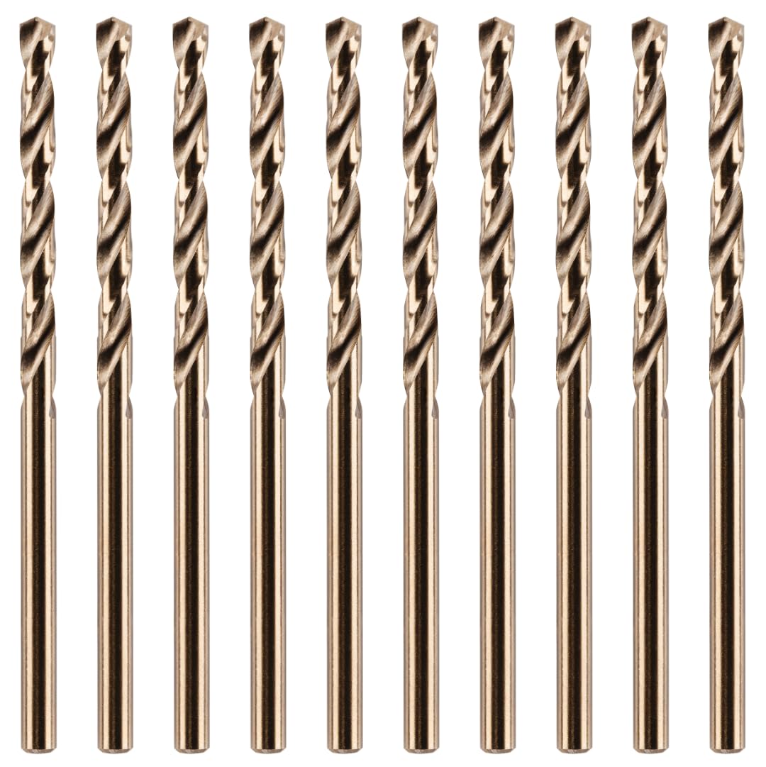 Rennie Tools - Box of 10 x 2.4mm (3/32") HSS Gold Cobalt Jobber Drill Bit Set For Stainless Steel, Hard Metals, Aluminium, Cast Iron, Copper. Twist Drill Bit Sets In A Box. 2.4mm Drill Bit Set