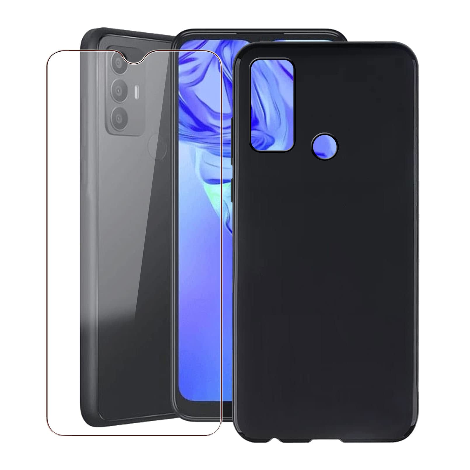 KJYF for TCL 30 SE Case + Tempered Glass, Case Black Soft Silicone Cover TPU Case Tempered Glass Protector for TCL 30 SE (6.52 Inches) - Black