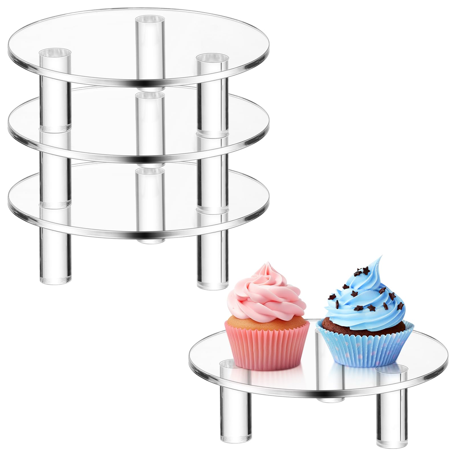 Photo 1 of Memorywuu 3 Pcs 5 Inch Round Acrylic Risers Display Stands Small Clear Round Acrylic Display Riser for Cake Food Jewelry Figurines Collectibles Table Decor Organizer