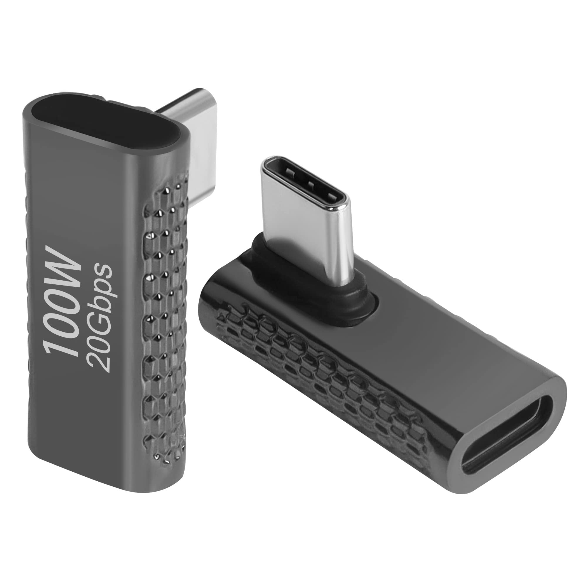 QIANRENON 90°Angle USB3.2 C Adapter 20Gbps 100W USB3.2 Type C Male to Female Right Angle Connector, Support 8K Audio/Video, for Smartphone Tablet Steam Deck,Bright black, 2Pcs(Vertical Bend)