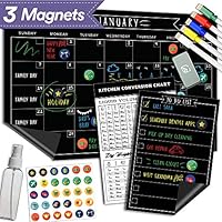 Magnetic Dry Erase Refrigerator Calendar - 17" x 11" - Large Reusable Monthly Chalkboard - Meal Cooking Conversion Chart & To Do Grocery List - 2019 Kitchen Gift Set - Best Supplies For Smart Planners