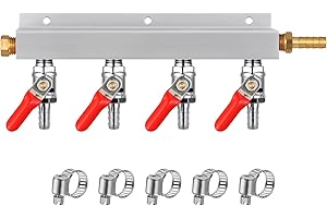 HILANGSAN Gas Manifold CO2 Manifold, 5/16'' Barb Fitting CO2 Gas Distributor, 4 way Kegerator Splitter Air Distributor with Built-in Check Valves Hose Clamps