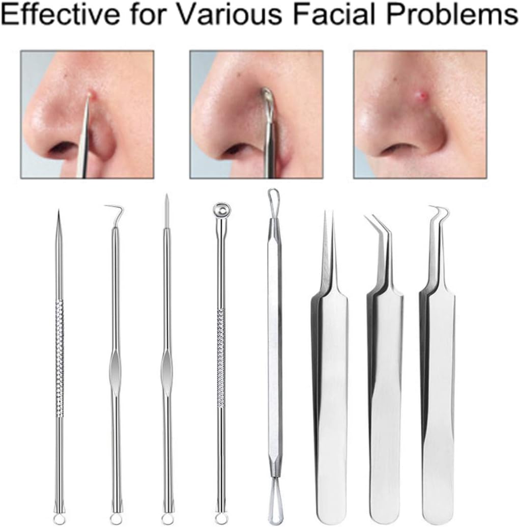 Pinkiou Blackhead Removers Comedone Pimple Removal Extractors Acne Blemish Needles Tool Kit Nose Face Skincare, 8-in-1 with Metal Case - Image 5