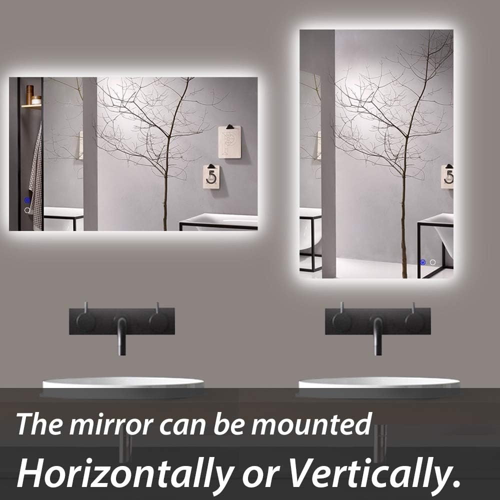 Keonjinn 24” x 36” LED Backlit Mirror Bathroom Vanity Mirror Wall Mounted Lighted Mirror Anti-Fog Dimmable Makeup Mirror with Lights (Horizontal/Vertical): Home & Kitchen