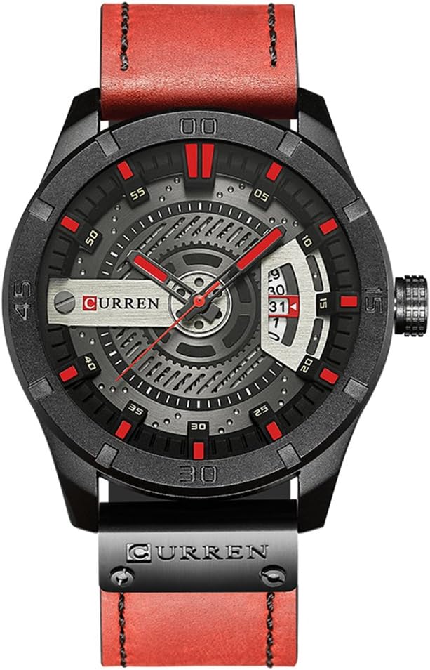 New Curren Men Watch with Quartz Leather Band Date Display Waterproof Wrist Watches 8301 (red)