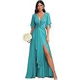 KHACHVA Women's V Neck Chiffon Bridesmaid Dress with Sleeves Formal Evening Dresses with Slit KH002