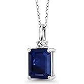 Gem Stone King 925 Sterling Silver Gemstone Birthstone and White Diamond Solitaire Pendant Necklace for Women | Emerald Cut 9X7MM and Round 2MM | With 18 Inch Chain | Fine Jewelry for Her Mom Wife
