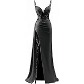 Zeeyecie V-Neck Satin Prom Dresses Mermaid Lace Applique Spaghetti Straps Sparkly Evening Formal Ball Gowns with Slit
