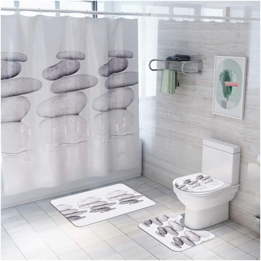 LHT Stone Reflection Printed Toilet Rug Set Waterproof Shower Curtain Sanitary Partition Curtain 3 Piece 4 Piece Bath mat (Size : 4 Piece)