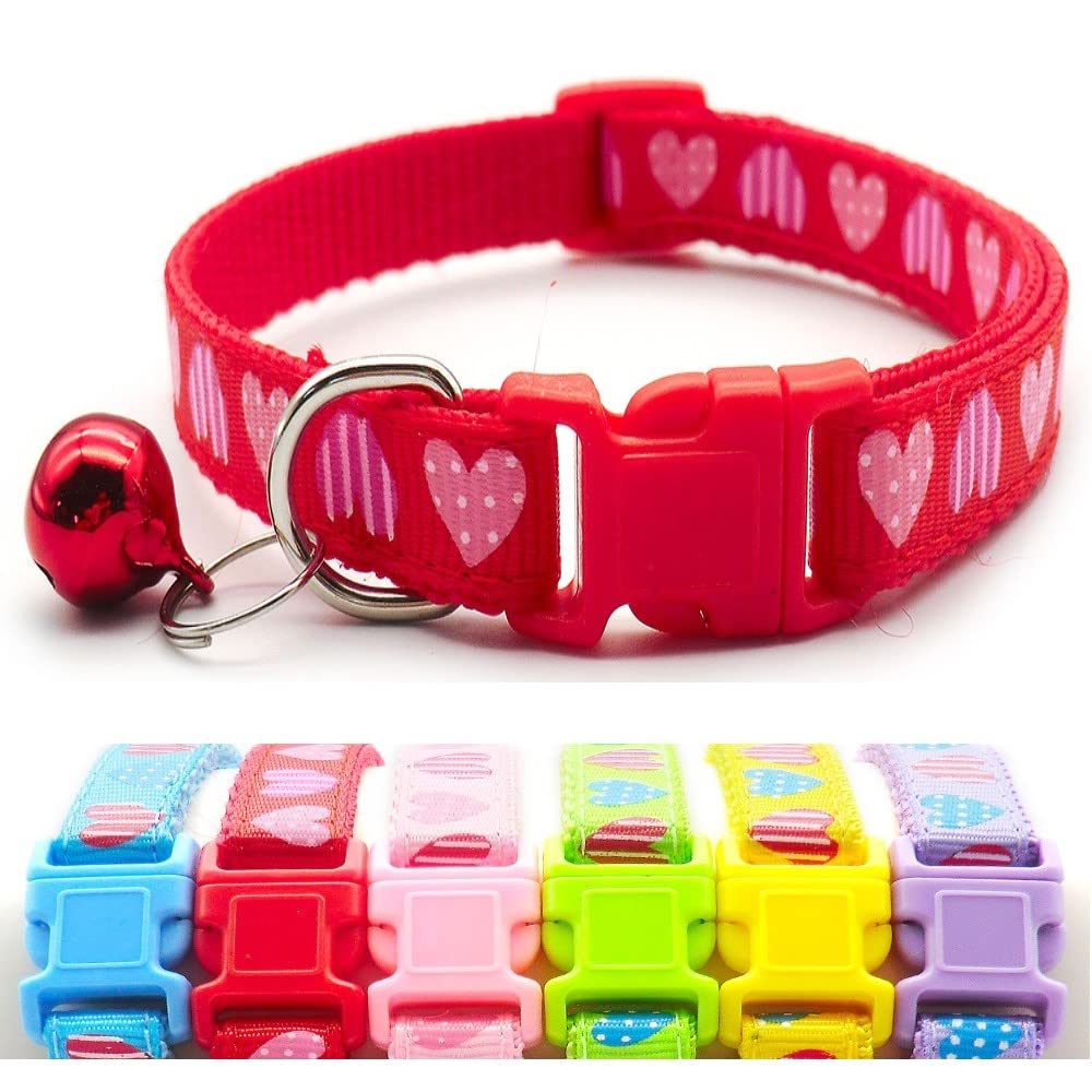 Small Dog Puppy Pet Collar Love Heart Design with Bell Nylon Adjustable Size 19-32cm Red