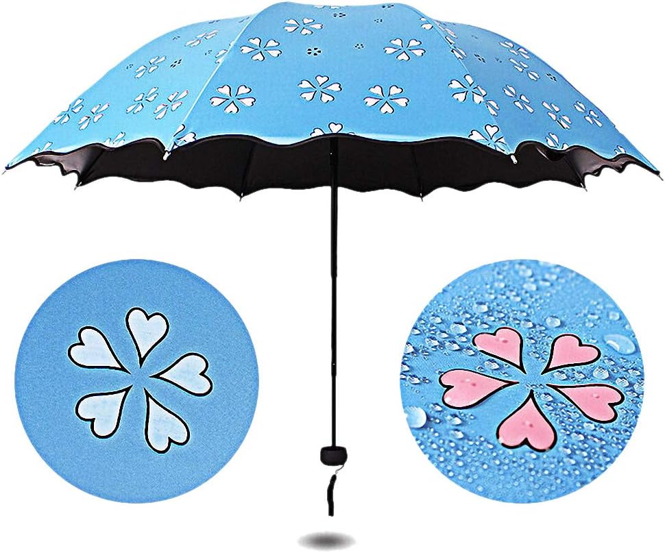 SUOWO Compact Folding Windproof Travel Umbrella Color Change Light Weight Sun rain Parasol Umbrellas for Kids Girl Women (Blue)