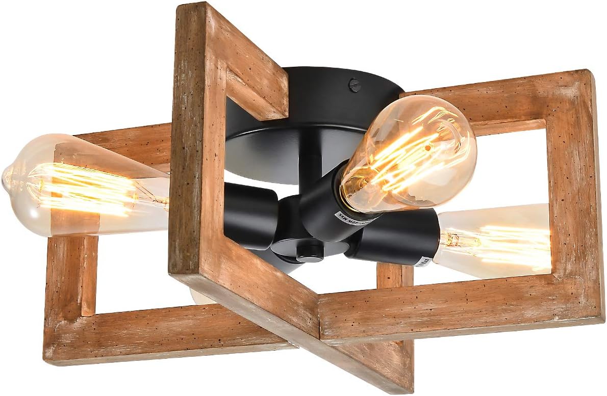 HMVPL Semi Flush Mount Ceiling Lights Fixtures, 4-Lights Farmhouse Close to Ceiling lamp Wooden Pendant Lighting for Kitchen Island Dining Room Bedroom Foyer Hallway Front Door
