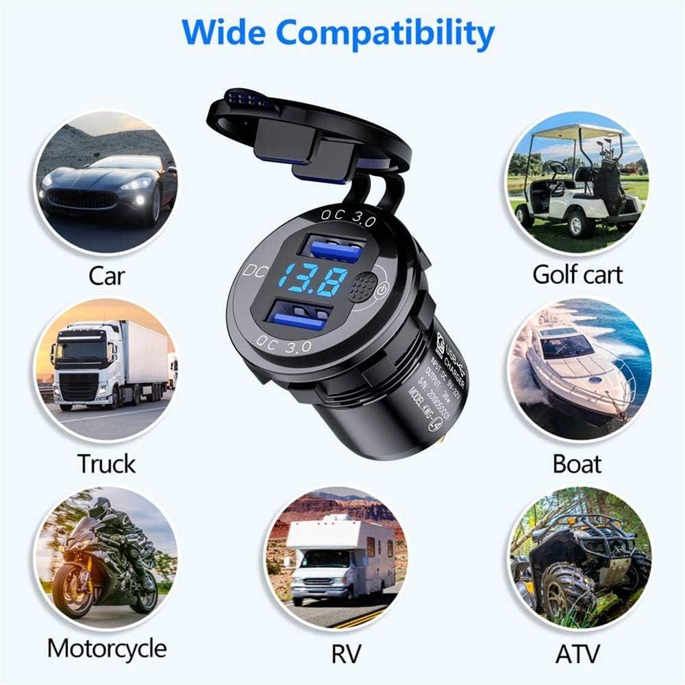 Thlevel Quick Charge 3.0 Dual USB Outlet, 12V/24V USB Car Charger with On/Off Switch and LED Digital Voltmeter Waterproof Car Socket for Marine, Boat, Motorcycle, Truck and More (Black): Home Audio & Theater