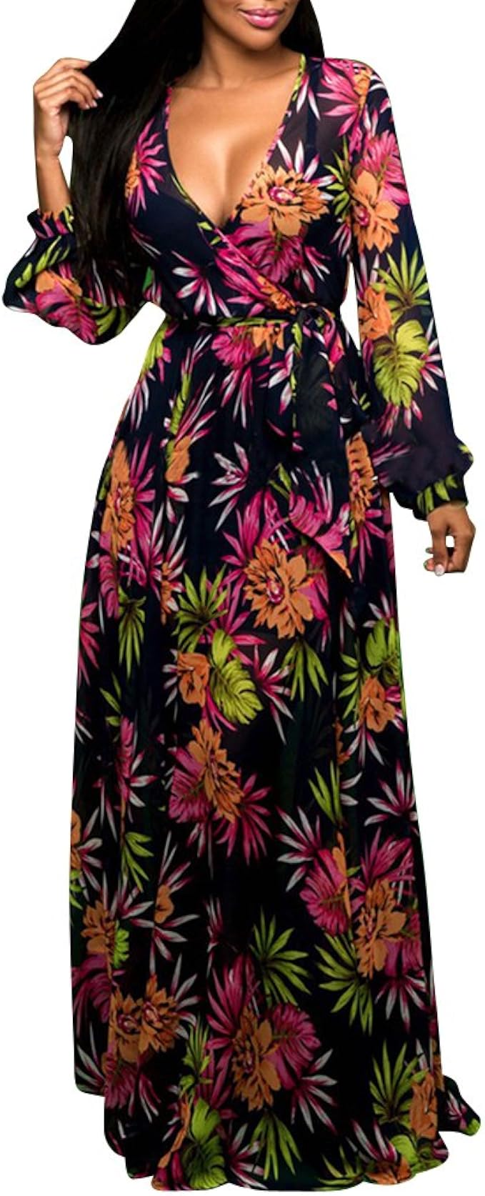 Womens Long Sleeve Deep Vneck Floral Printed Long Maxi Swing Dress
