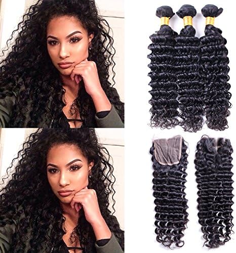 Brazilian Deep Wave Hair 3 Bundles With Closure 7a Unprocessed Brazilian Virgin Deep Wave Curly Human Hair Weave Extensions With Lace Closure 4x4 Free Part (22 24 26 +20 closure)