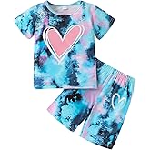Kids Girl Clothes Tie Dye Heart Print Short Sleeve Top and Shorts Toddler Girl Summer Outfits Short Set