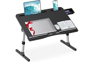 HETTHI Laptop Stand for Bed, Adjustable Leather Bed Desk with Foldable Legs, X-Large Laptop Bed Table Tray with Drawer for Bed Couch Floor Writing Working Reading Eating Painting (Black, 23.6"×15.7")