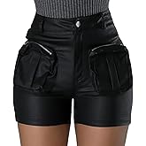 KANSOON Leather Shorts for Women Sexy High Waisted Faux Leather Cargo Shorts Metallic Festival Rave Club with Pockets