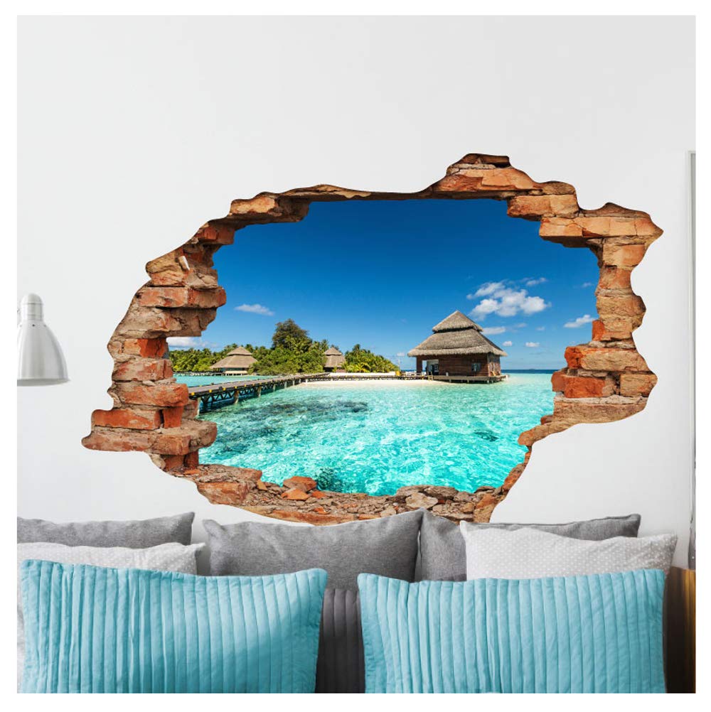 Sticker 3D Effect |Wall Decal Tropical Island – Wall Paper Decoration Optical Illusion Room and Living Room - 60 x 90 cm