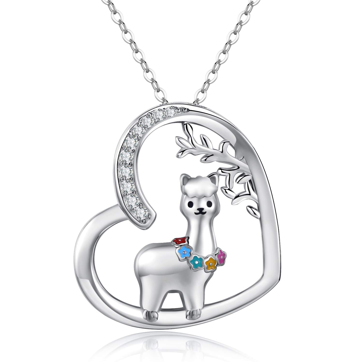 CHENGHONG Alpaca Gift for Girl 925 Sterling Silver Smile Llama Pendant Love Heart Sheep Necklace for Friends