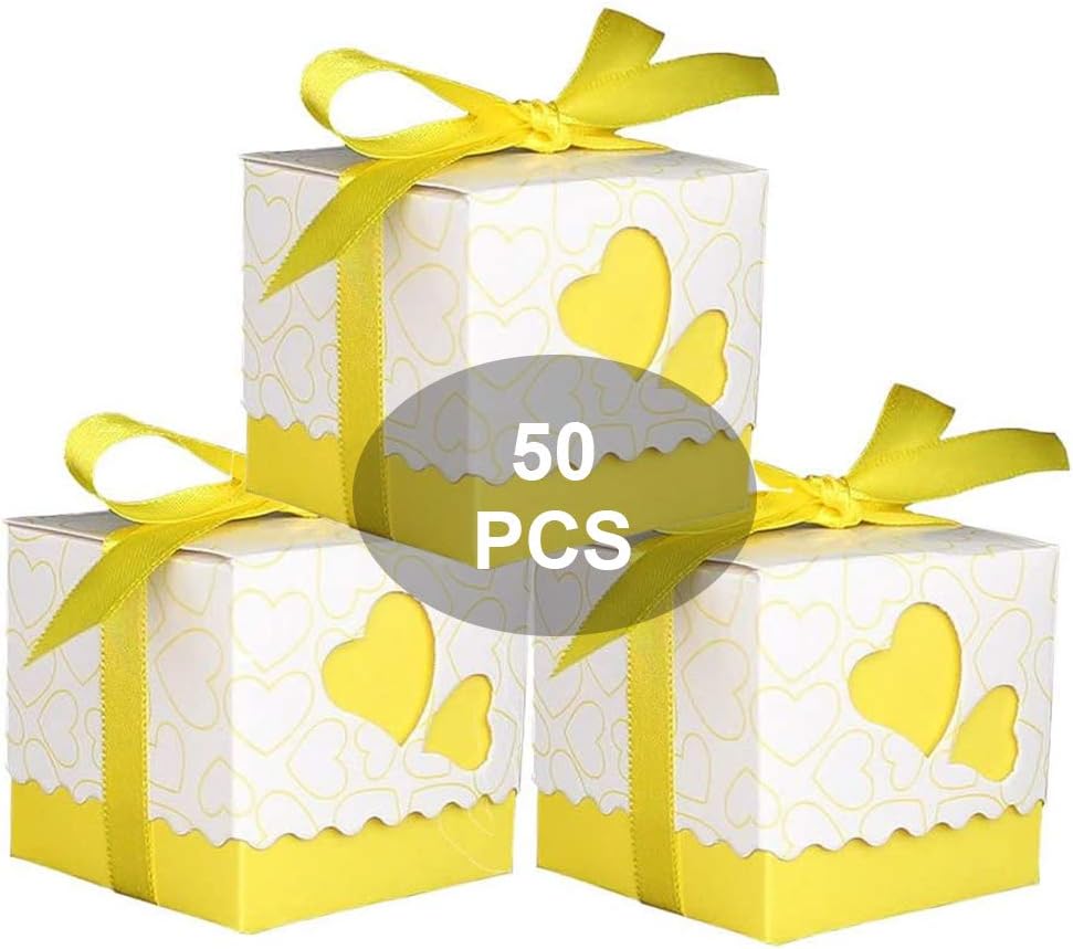 Wady Favors Box Heart Confetti Holder Gift Place Card Holder with Satin Ribbon 50pcs (Yellow)
