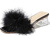Women's Square Toe Heeled Sandals Low Block Chunky Heels Clear Mules Fluffy Feather Slip on Wedding Bridal Party Dress Shoes