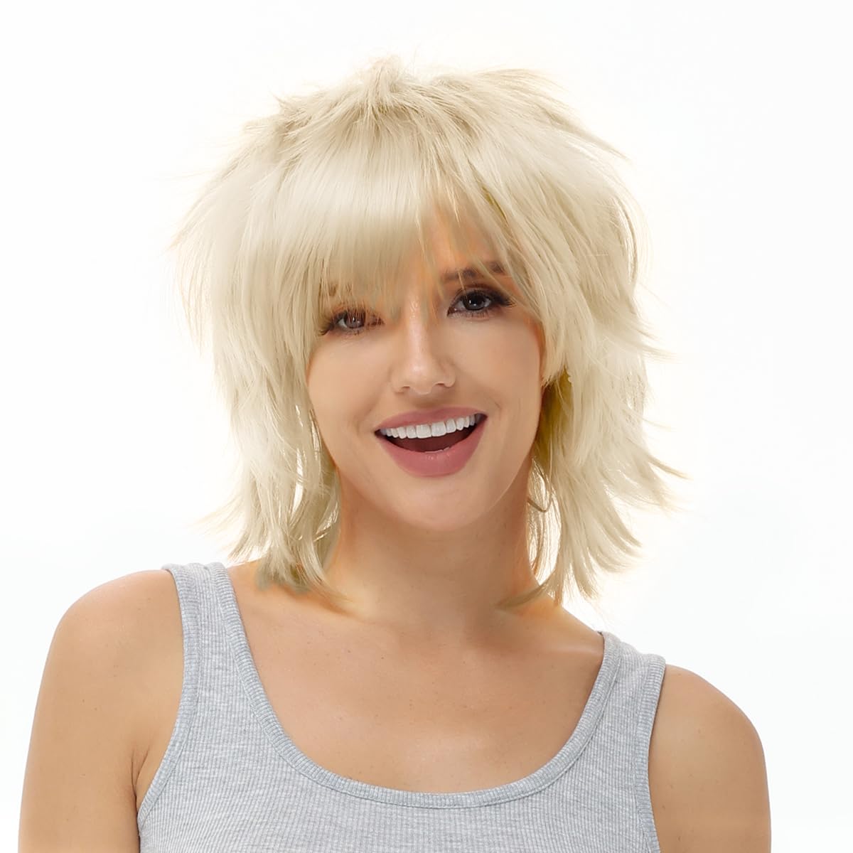 BUYOGET Anime Halloween Wig for Cosplay Party, Synthetic Layered Short Hair Wigs with Bangs Platinum Blonde — image 1