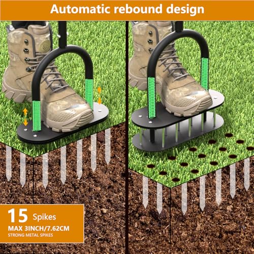 seasky Lawn Aerator Automatic Dirt and Leaf Clean Design,Pre-Assembled 15 Iron Spikes Metal,Soil Lawn Aerating Tools for Yard Lawn and Garden, lawn aerator spikes aerating tool