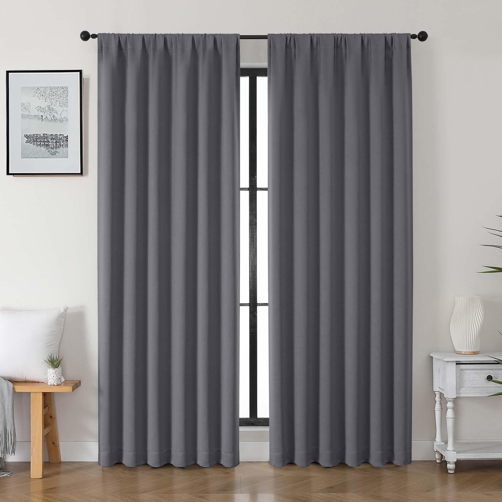 Gwine Charcoal Grey Blackout Curtains for Bedroom 90 inches Long 2 Panels Set, Solid Noise Reducing Thermal Insulated Blackout Curtains for Living Room with Rod Pocket, Each 50" Wx90 L