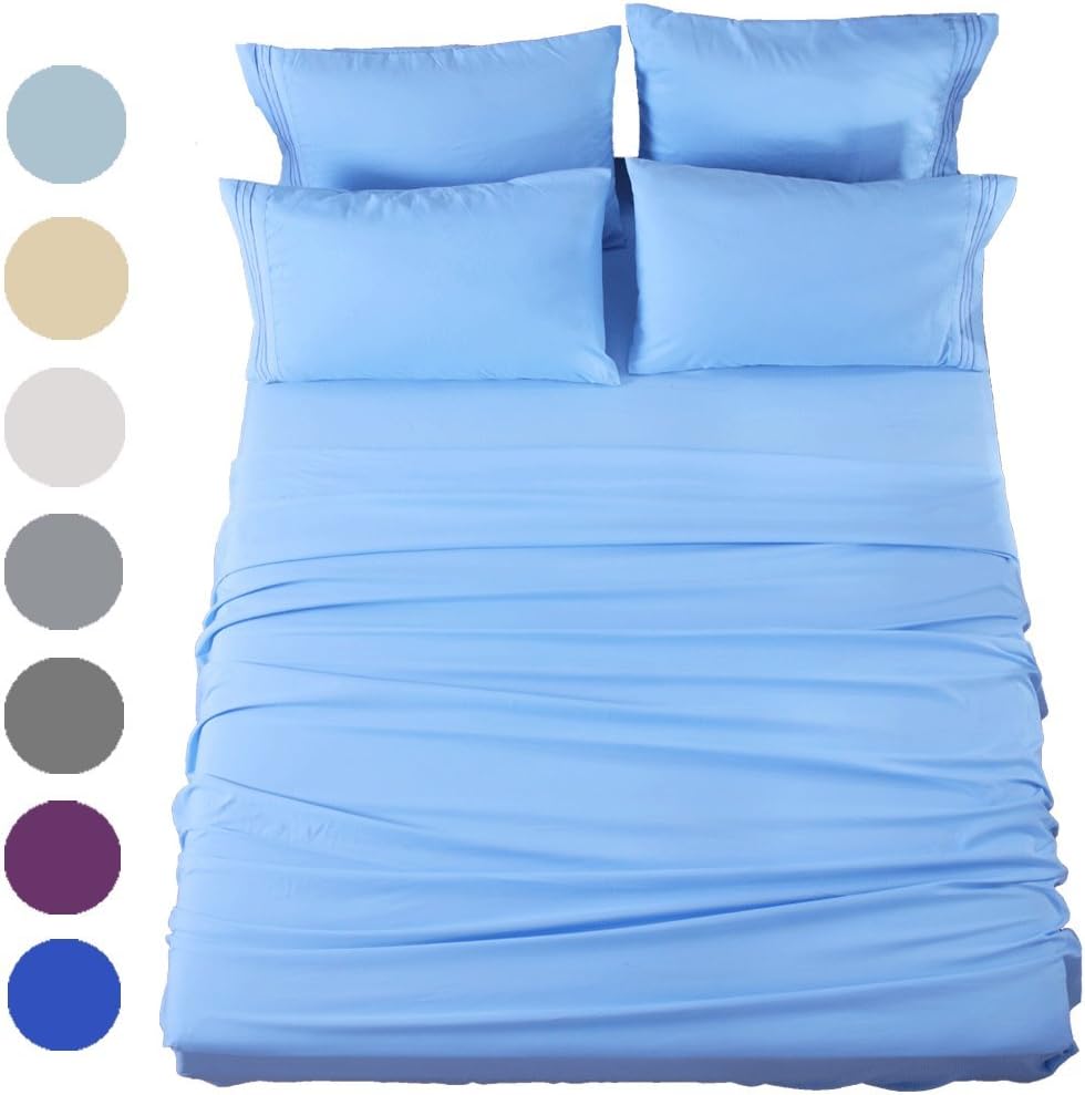 SONORO KATEBed Sheet Set Super Soft Microfiber 1800 Thread Count Luxury Egyptian Sheets 18-Inch Deep Pocket，Wrinkle and Hypoallergenic-6 Piece (Lake Blue, Queen-6 Piece)