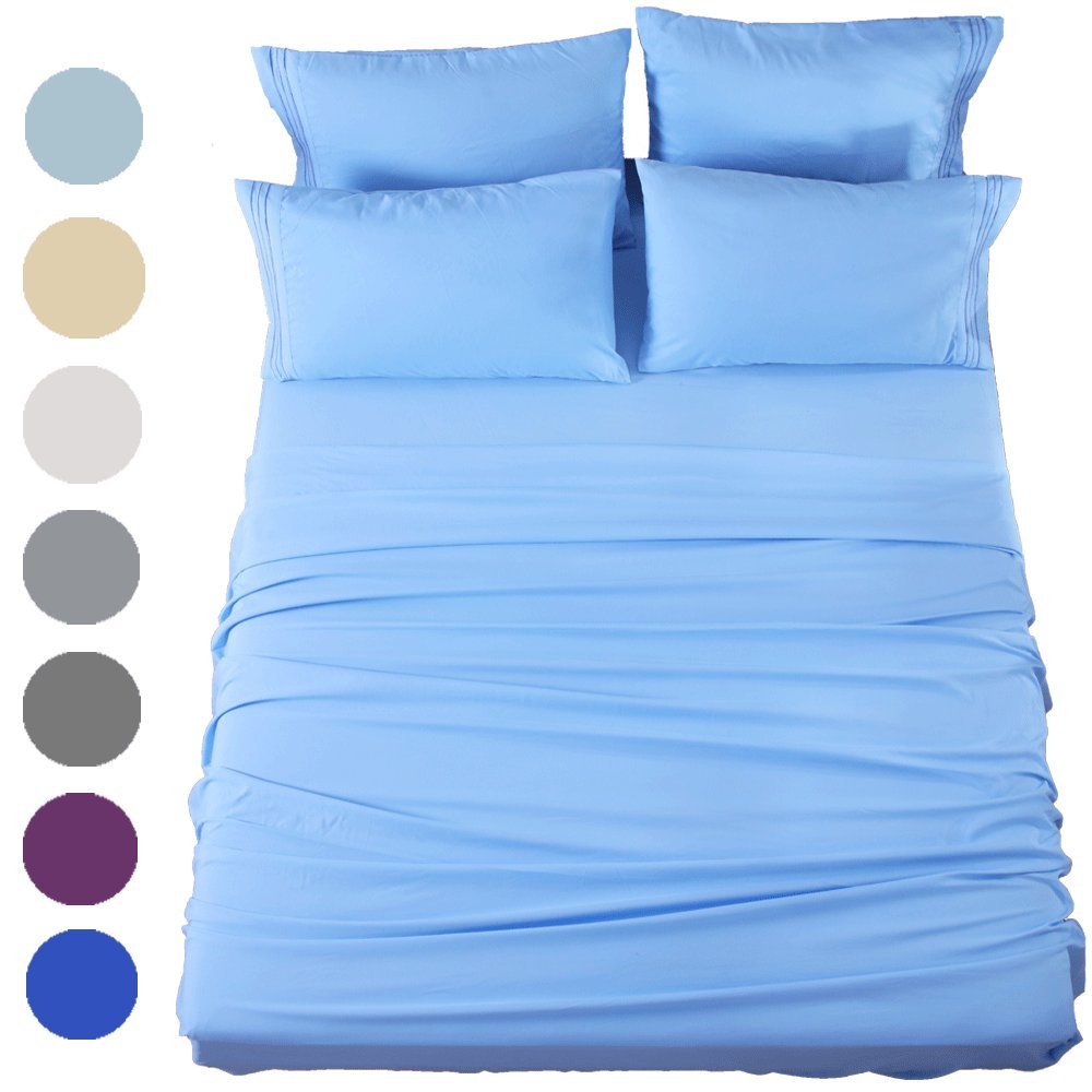 SONORO KATE Bed Sheets Set Sheets Microfiber Super Soft 1800 Thread Count Luxury Egyptian Sheets 16-Inch Deep Pocket Wrinkle Fade and Hypoallergenic - 6 Piece (King, Lake Blue)
