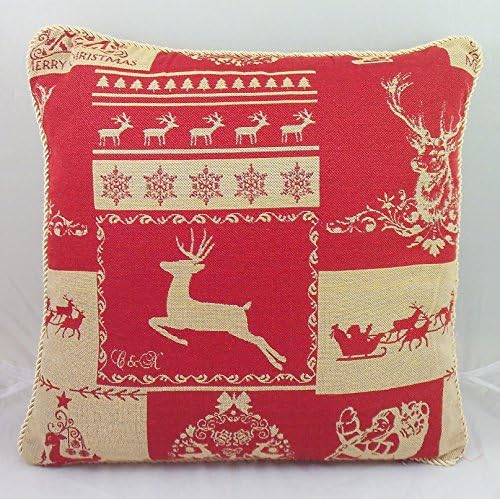 Traditional Red Gold Christmas Tapestry Cushion Cover Reindeer 18in x 18in (45cm x 45cm)