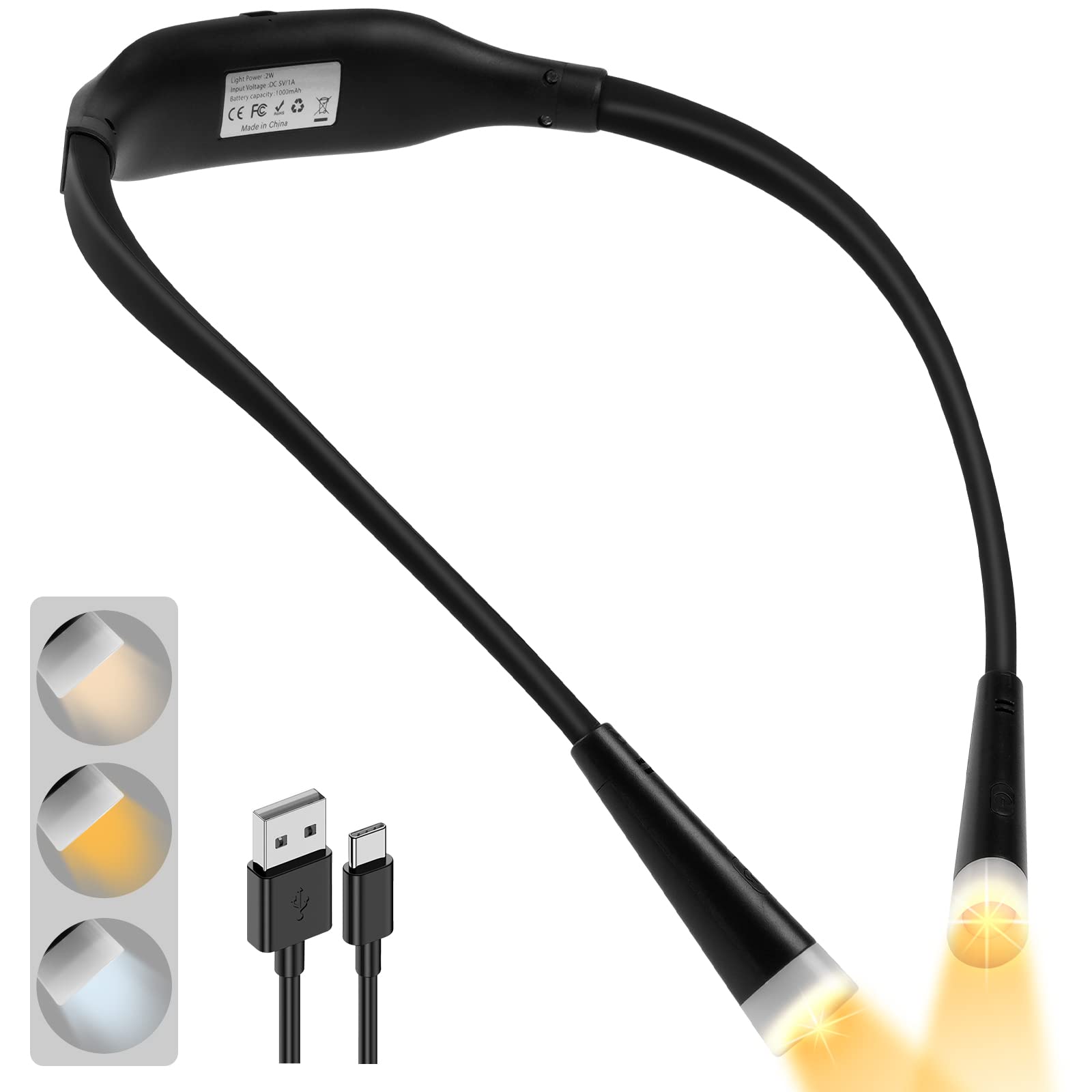 URAQT Neck Reading Light, Rechargeable LED Book Light for Reading in Bed, 1000mAh 3 Color Stepless Dimming Neck Light, Bendable Arms, Eye-Friendly for Reading Knitting Crafting Camping Repairing