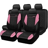 CAR PASS Pink Leather Seat Covers,Girly Quilting Pretty Cute Car Seat Cover with 5mm Composite Sponge Inside,Airbag Compatible, Universal Fit for Most Sedan,SUV,Vans(Full Set,Pink)