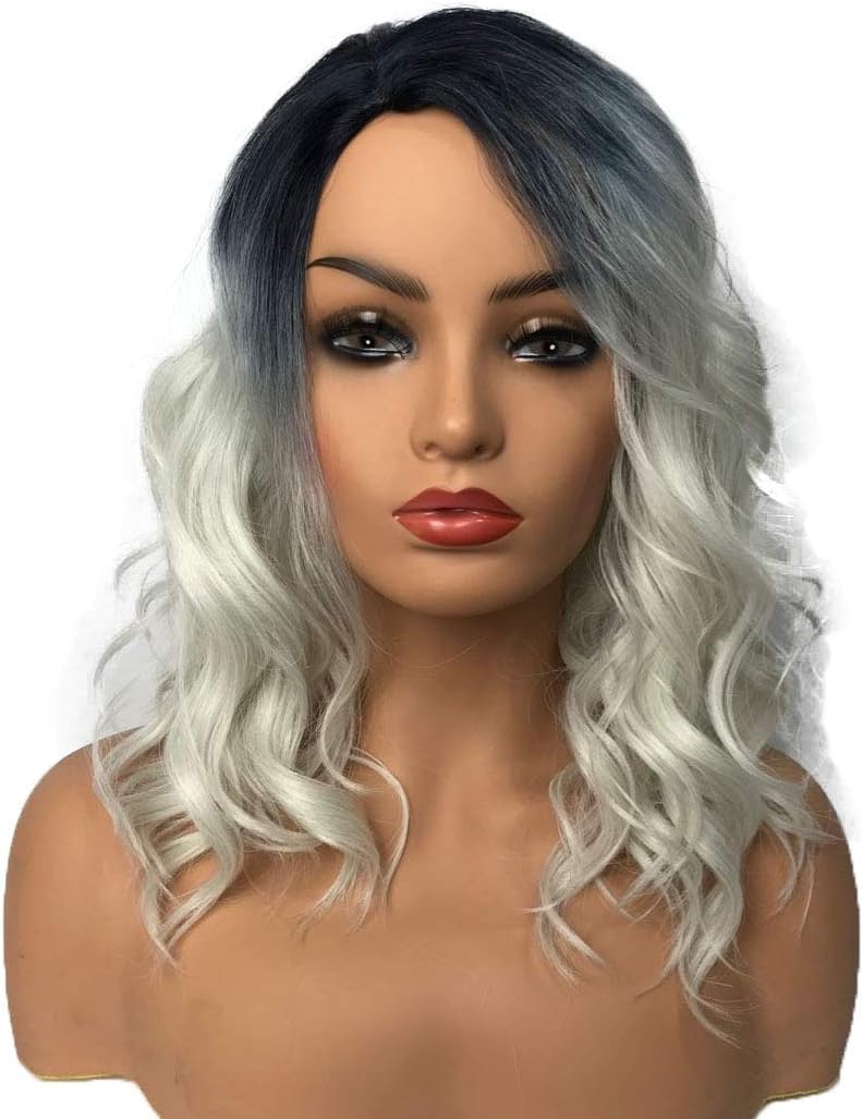Wiginway Long Wavy Wig Dark Blue to Gray Ombre Synthetic Wig Drag Queen Wigs for Women 12 Inch