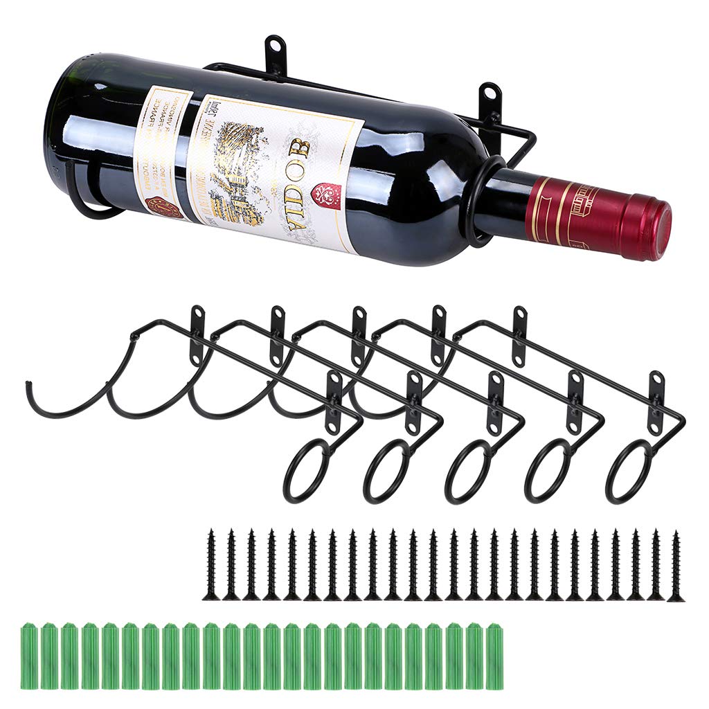 BSTKEY Set of 6 Wall Mounted Iron Wine Bottle Holder Racks - Red Wine Adult Beverages Liquor Display, Metal Hanging Organizer (Bottle Mouth to The Right)