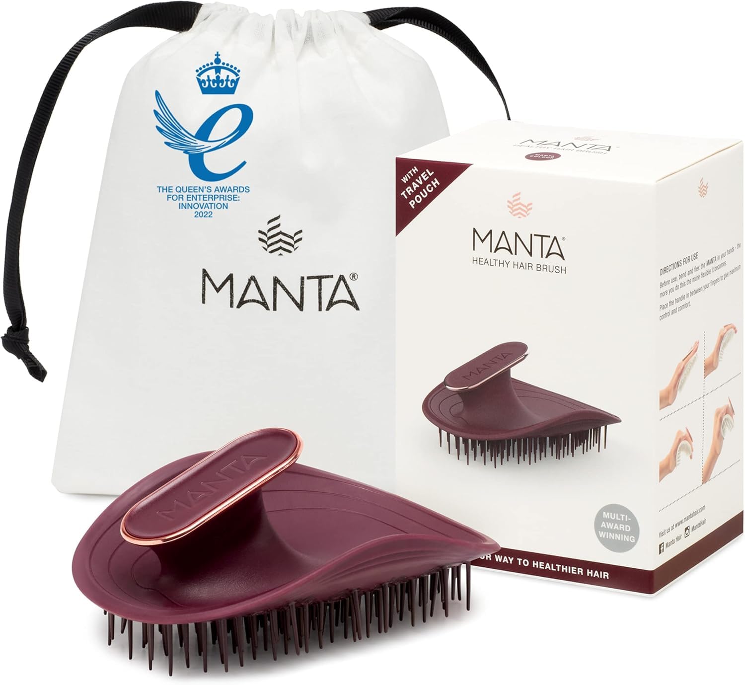 Manta Original Anti-Breakage Hairbrush – Best Detangling & Flexible Brush for Healthy, Thinning & All Hair Types, Gentle Hair Care for Women & Men, Burgundy