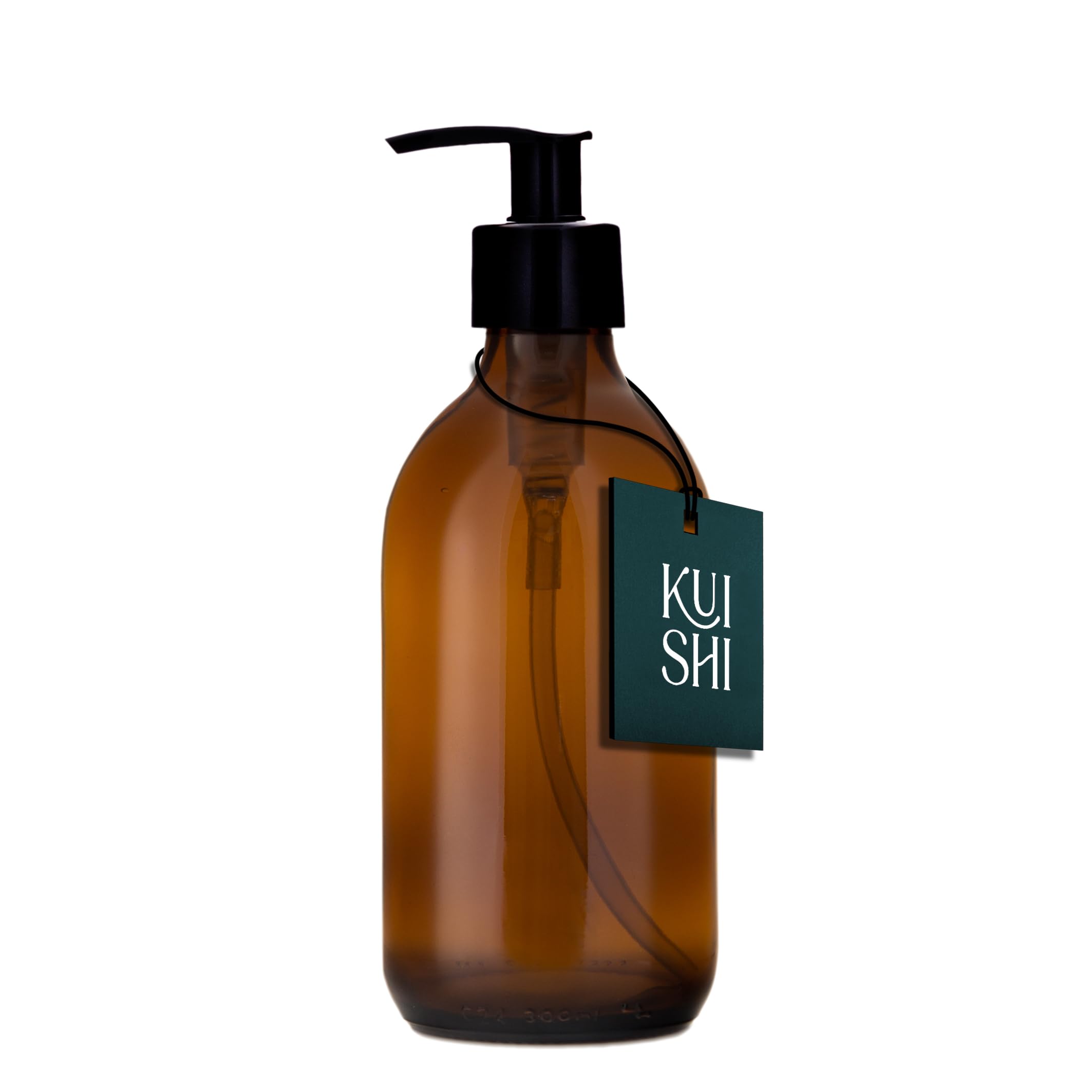 Kuishi 300ml Glass Soap Dispenser with Black Plastic Pump - Pack of 1 Refillable BPA-Free Hand Soap Dispenser for Kitchen & Bathroom, Amber