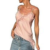 Silk Lace Trim Camisole Tops for Women Satin Asymmetrical Tank Top Backless Lace Patchwork Cami Going Out